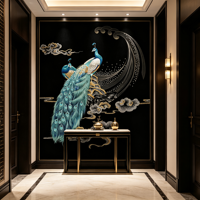 Wallpaper Tempel, Mural Burung Biru Hijau, Dinding Latar Belakang Hitam untuk Villa, Hotel, Klub, Kamar Tidur & Dinding Sofa di Foyer