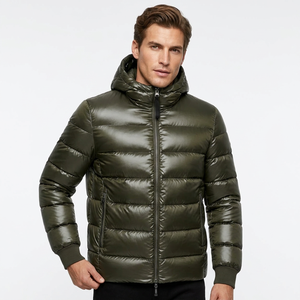 Men's Olive Green Eco-friendly Front Logo Puffer <b>Jacket</b> Windproof Zipper Closure Casual <b>Winter</b> Thick Solid Color Regular Fit - Product Image 1
