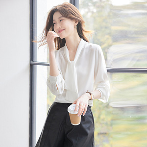 Women's Blue Chiffon Shirt With <b>Wrap</b> Tie Design For Work Professional Blouse Spring Autumn Fashion Top - Product Image 3