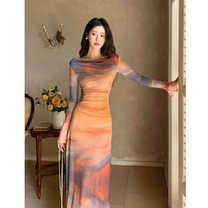 French Style Sunset Tie Dye Print Halter Neck Mesh Dress Tight Waist Elegant Slimming Orange Polyester Women's Sweater Dress - Product Image 4