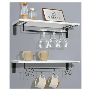 Wooden Wall Mounted Coffee Bar Shelf with 8 Hooks Floating Shelves for Kitchen Office & Home Use Coffee Cups Mugs Wine Glasses