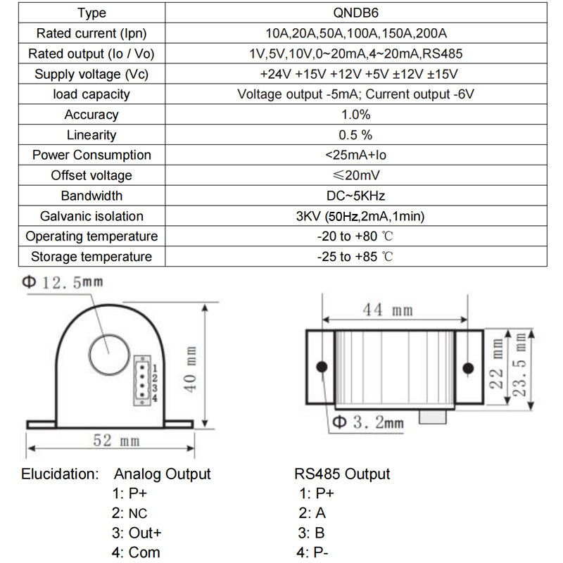 QNDB6 AC DC 1A 5A 10A 20A 30A 50A 100A / RS485 Current Transmitter Hall Effect Current Sensor Transformer Current Transducer