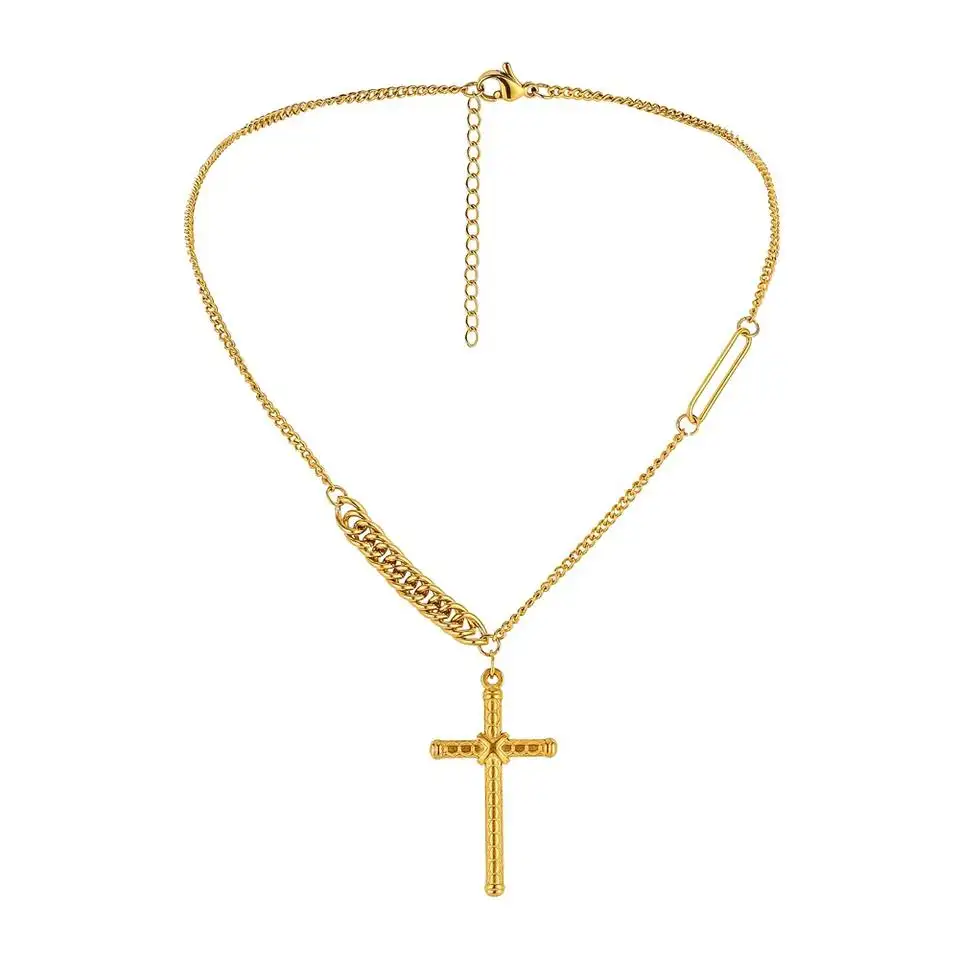 Retro Gold Plated Polished Plain Pendant For Women Men Simple Religious Jewelry Gift Adjustable Stainless Steel Cross Necklace