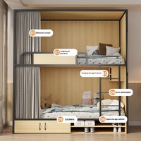 Lit superposé compact avec tiroirs et étagère intégrés, structure en acier, lit double pour appartement d'étudiant et dortoir