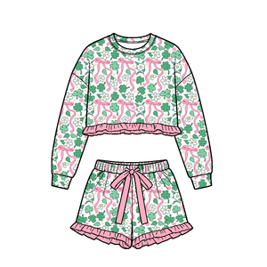 Preorder Kids Girls St. Patrick's Day Print Long Sleeve Top Ruffle Shorts 2Pcs Set Boutique Casual Outfits for Spring - Product Image 2