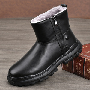 Bottines pour hommes en cuir véritable, bout rond, doublure en fourrure, semelle en caoutchouc, bottes d'hiver chaudes antidérapantes pour la neige - Product Image 1