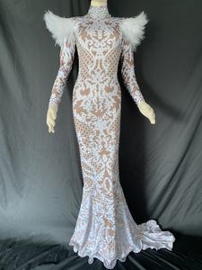 Elegant <strong>White</strong> Long Sleeve Print Feathers Rhinestone Ball Gowns Prom Trumpet <strong>Dress</strong> Birthday Women Wedding Mermaid Evening <strong>Dresses</strong> - Product Image 6