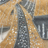 Tissu de velours de luxe brodé de paillettes avec perles bugle et perles 3D pour robe de soirée et robe de banquet