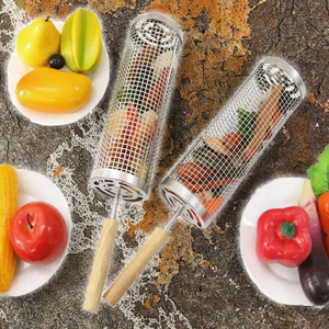 Pique-nique en plein air 304 outil de barbecue en acier inoxydable gril cylindrique filet de barbecue panier avec crochet fourchette accessoires de pique-nique - Product Image 2