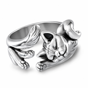 Anello Aperto Regolabile con Totem di Gatto Vintage per Donne, Gioiello da Dito alla Moda - Product Image 1