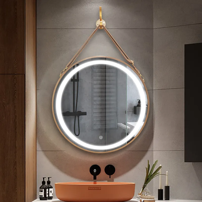 luxury quality round hanging bathroom lighted led makeup mirror with leather tape