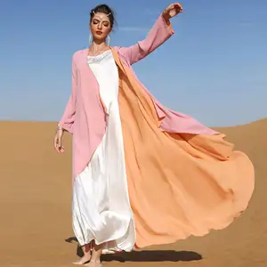 1452ツーピースの女性の衣装ピンクとオレンジの両面着用シフォンアバヤジャケット、インナースカートセットサマードレス