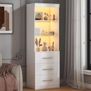 Armoire de présentation haute en bois moderne avec éclairage LED blanc, étagères ouvertes, commode minimaliste, meubles pour la maison et la chambre - Product Image 1