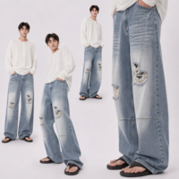 Jean ample mi-long pour homme, coupe large, coupe-vent, tricoté, écologique, style Hip Hop, délavage clair, denim Y2K, déchirures au genou sablées