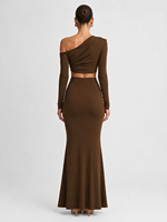 Ensemble deux pièces personnalisé pour femme, marron chocolat, haut court asymétrique et jupe longue, fabricant OEM ODM, fournisseur en gros B2B