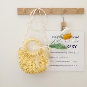 2025 Summer Handmade Woven Straw Shoulder Bags Ladies Candy Color Crossbody Bags Girls Pearl Chain Bucket Bag with Bow Scarves - Product Image 2