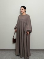 LM020 Abaya en lin crêpe texturé à manches bouffantes, design réversible, adaptée à la maternité, poche zippée, pour la prière islamique