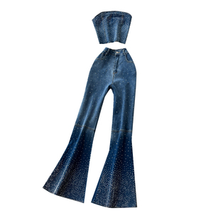 Conjuntos básicos de verano para <span class=keywords><strong>mujer</strong></span>, Top de tubo sin mangas y pantalones de mezclilla de cintura alta, conjunto de Ropa al por mayor - Product Image 5