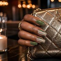 Faux ongles à presser vert sauge, longs, carrés, motif tourbillon, avec lignes argentées scintillantes, logo personnalisé, réutilisables, vente en gros