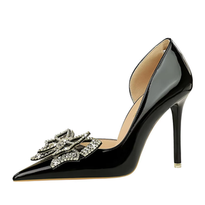 Fashionable Rhinestone Bowknot Women's Shoes Stiletto High Heels <b>Pointed</b> <b>Toe</b> Shallow Mouth Patent Leather Shoes - Product Image 2