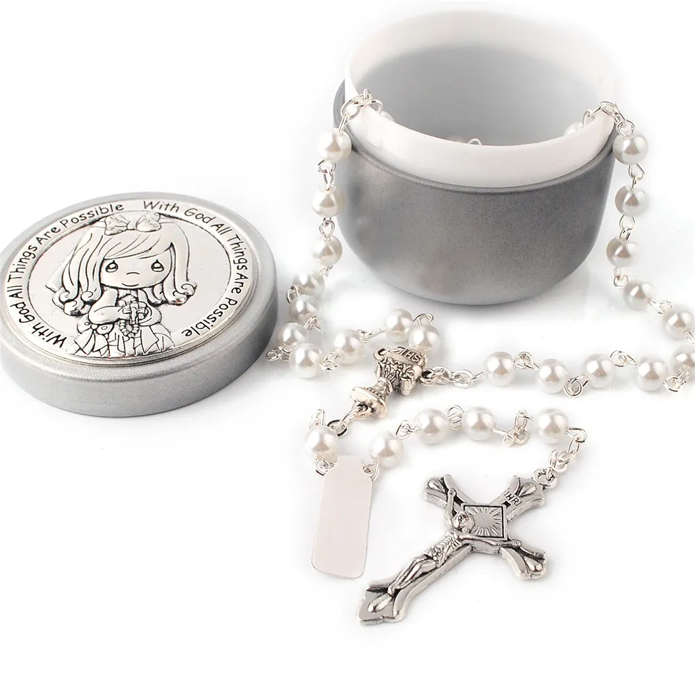 Hadiah Religius Komuni Pertama 6Mm Rantai Manik-manik Mutiara Kaca Putih Kalung Perhiasan Katolik Rosario untuk Anak Perempuan