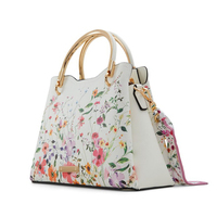 Sac à bandoulière élégant de créateur pour femmes, sacs à main de marque OEM et ODM avec fermeture éclair et chaînes, sacs à main pour dames avec impression florale métallique et foulard