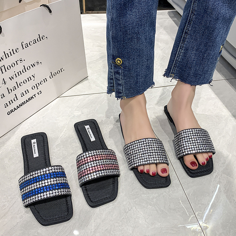 2023 Women Rhinestone Flat Sandals Slippers Square Head Casual Slide Summer Beach Shoes