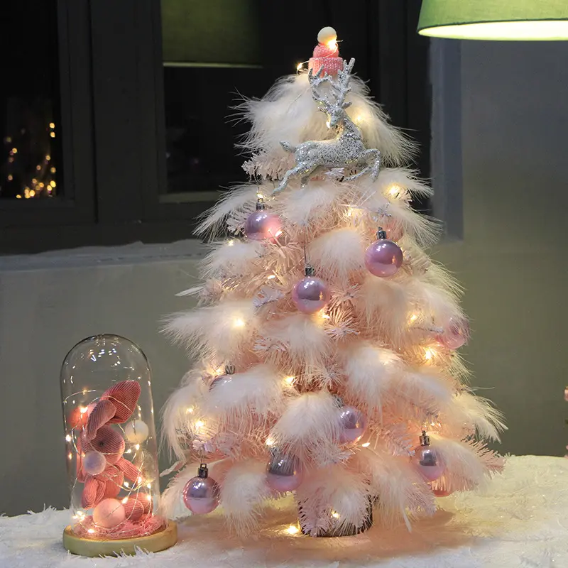 2022 Cross-border Hot Sale Christmas Desktop Decoration Pink/Blue Christmas Tree Feather Set Small Ornament Christmas Tree