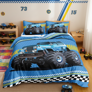 Juego de Ropa de Cama con <span class=keywords><strong>Funda</strong></span> Nórdica de Microfibra Ecológica de 500 Hilos con Estampado de Dibujos Animados de Vehículos Todoterreno, Diseño Digital con Temática de Autos para Adultos - Product Image 1