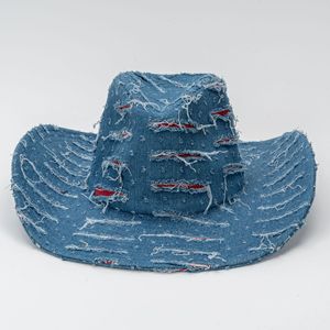 Nouveau design – Chapeau de <span class=keywords><strong>cowboy</strong></span> en jean bleu western à large bord avec déchirures style jazz, unisexe, décontracté, pour l'extérieur, protection solaire, toutes saisons - Product Image 2
