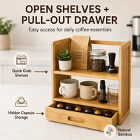 Étagère à épices en bambou sur 2 niveaux, porte-capsules de café, étagère de rangement en bois naturel pour comptoir de cuisine avec tiroir