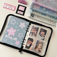 Carnet à spirale A5 en PVC à 6 trous, motif étoiles, avec fermeture éclair et bordure décorative ; Idéal pour journal, album photo, organisateur de cartes d'idols, petit format