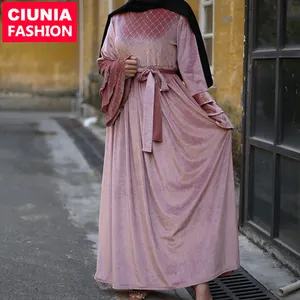 6221 # 荷叶边袖子豪华土耳其时尚冬季天鹅绒 abaya 穆斯林妇女长和服礼服长袍迪拜