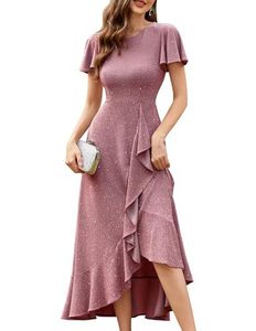 <span class=keywords><strong>Robe</strong></span> de soirée élégante noire à sequins pour <span class=keywords><strong>femme</strong></span>, col rond, manches à volants, coupe asymétrique, longueur midi, idéale pour <span class=keywords><strong>cocktail</strong></span> et <span class=keywords><strong>mariage</strong></span> - Product Image 2