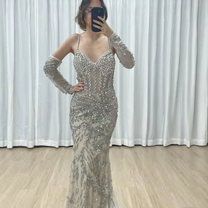 MB40236B-2 Sprankelende Kristallen Kralen Avondjurk Vrouwen Champagne Nude Zeemeermin Prom Jurk Met Trein Elegante Banket Formele Jurken - Product Image 1