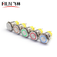 Filn 19MM 5pin 1NO1NC sakelar tombol tekan baja tahan karat dengan 24V pengunci cincin sesaat lampu Pilot ON-OFF