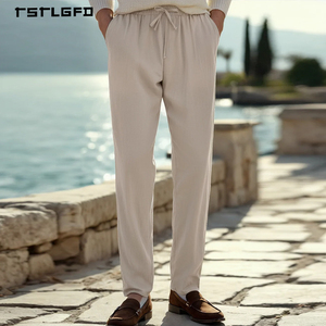 Men <b>Linen</b> Cotton Blend Casual <b>Pants</b> <b>Drawstring</b> Elastic Waist Tapered Fit Lightweight Summer Relaxed Trousers - Product Image 3