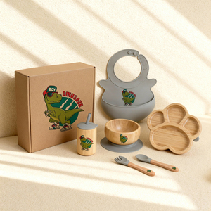 Gobelets en bambou <span class=keywords><strong>anti</strong></span>-<span class=keywords><strong>fuite</strong></span> avec couvercles en silicone et pailles, bavoir pliable antidérapant, assiettes en bambou en forme d'animaux, ustensiles pour tout-petits - Product Image 3