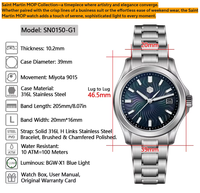 Montre Gada San Martin 2027 39 mm avec cadran guilloché en nacre, acier inoxydable luminescent, mouvement Miyota 9015, montre automatique mécanique de luxe pour homme