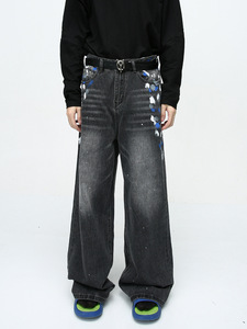 Jeans pour hommes en denim à rivets en alliage d'amalgame et de <span class=keywords><strong>mercure</strong></span>, coupe slim, effet métal liquide, fournisseur - Product Image 2