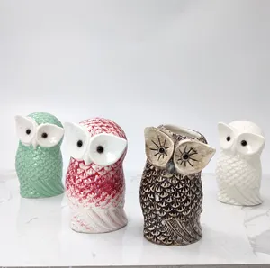 2021 New Design Cute Hand-Printing Small Pottery Owl Sculpture Figurines Ceramic Owl Statue