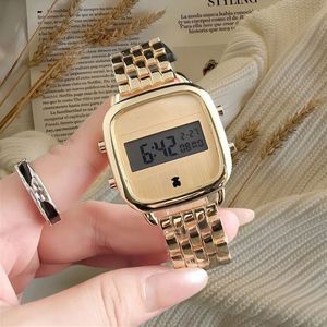 Reloj digital para mujer con caja cuadrada plateada, esfera rosa, pulsera de metal, reloj electrónico de lujo para damas, nuevo reloj de mano a la moda. - Product Image 3