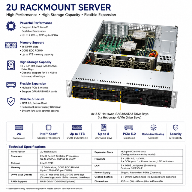 Supermicro SYS-621P-TR 2U Mainstream Server Dual Intel Xeon Scalable DDR5 Rackmount Enterprise Data Center Server System