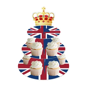 DT058 British Union Jack Cake Stand UK Flag Crown 3 Tier Cupcake Stand for England Party