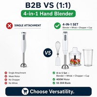 Mixeur Plongeant 4-en-1 avec Moteur en Cuivre Pur 400W, 2 Vitesses, Lame en Acier Inoxydable 304, Fouet, Hachoir, Bol, pour Aliments Bébé et Soupes