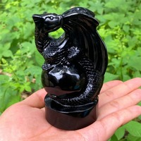 Statue de Dragon volant en cristal obsidienne noire avec pierres précieuses naturelles de 4 pouces
