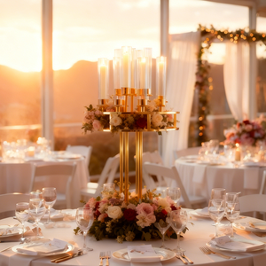 Candelabro de Lujo de 10 Brazos Dorado Moderno con Pantallas Acrílicas para Pasillo de Boda y Recepción - Product Image 6