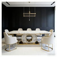 Ensemble de table à manger d'hôtel moderne de luxe chromé or, 6 places, plateau en marbre, structure en acier inoxydable, meubles de salle à manger