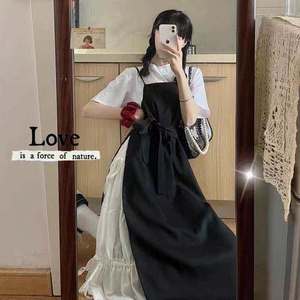 Black Two Piece Set Spaghetti Strap Dress With T Shirt Contrast Color Casual Daily Wear Women Summer 2025 French Style Overall - Product Image 3