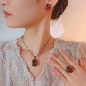 Fashion Jewelry Eco-friendly Copper Black Gold Plated 13*18MM Imitation Ruby Cubic Zirconia Punk Wedding Necklace <b>Earrings</b> Set - Product Image 6